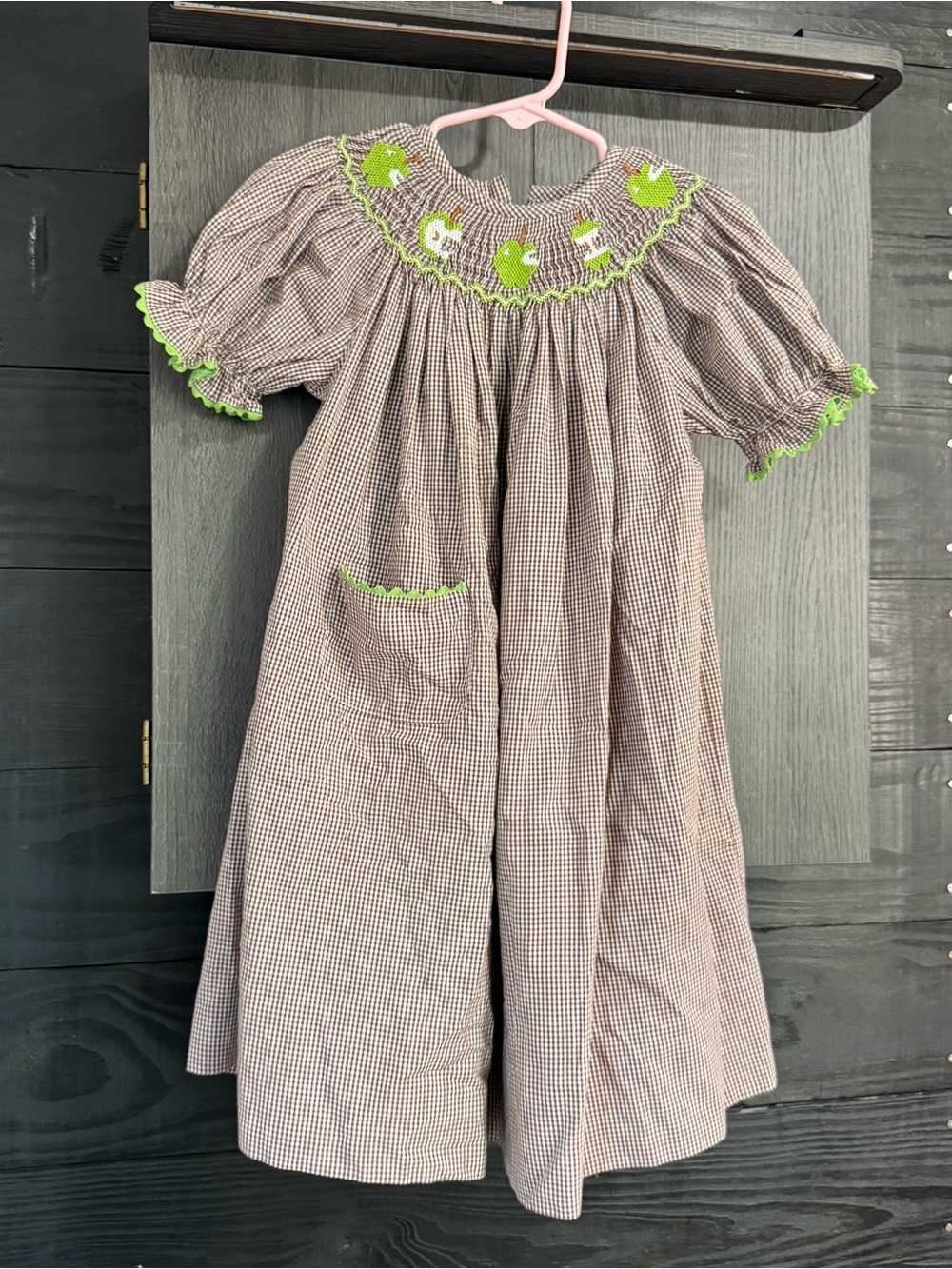 Amanda Remembered 4T Brown Gingham Dress Embroidered Green Apple Smocked Detail